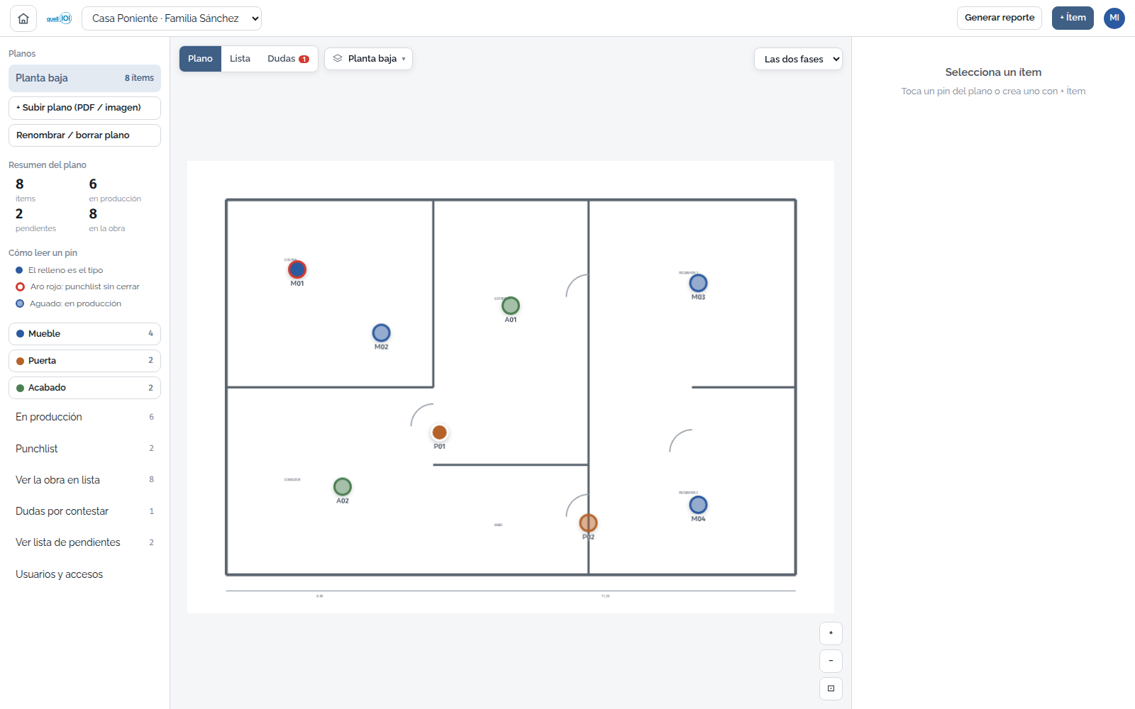 El plano de la obra: cada pin es una pieza y el color dice de qué tipo